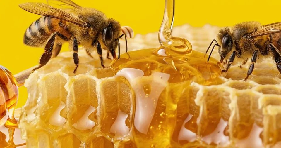 Honey running over a piece of honeycomb with two bees and a wooden dipper