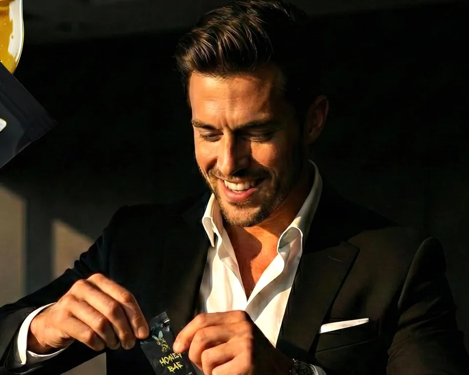A man in a dark suit tearing open a black Honey Bae sachet